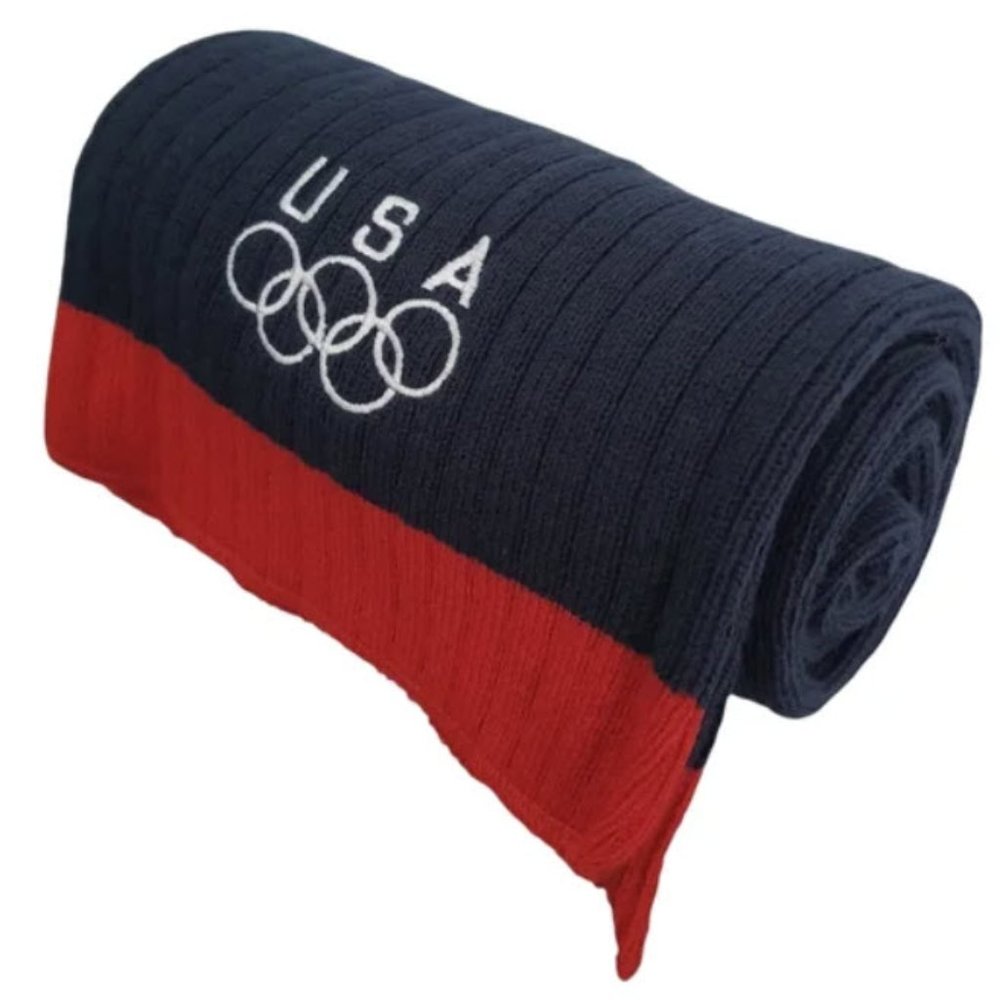 USA Olympics Logo Knit Scarf - Blue with Red Trim and White Logo